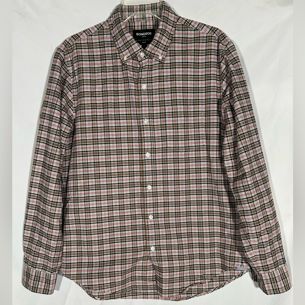 BONOBOS STRETCH RED YELLOW STRIPE SLIM FIT PLAID BUTTON DOWN PREPPY DRESS SHIRT